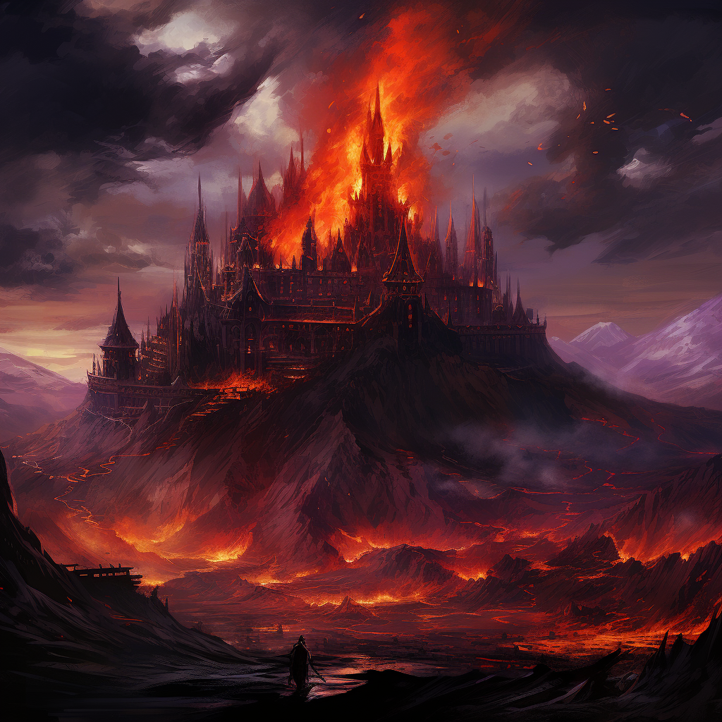 A majestic castle surrounded by a high volcano and flowing lava