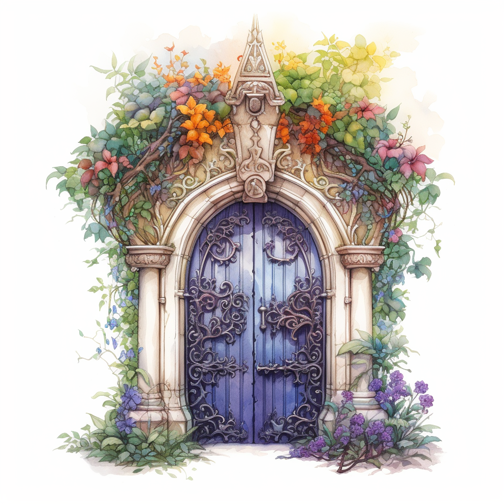 Colorful fantasy castle door illustration