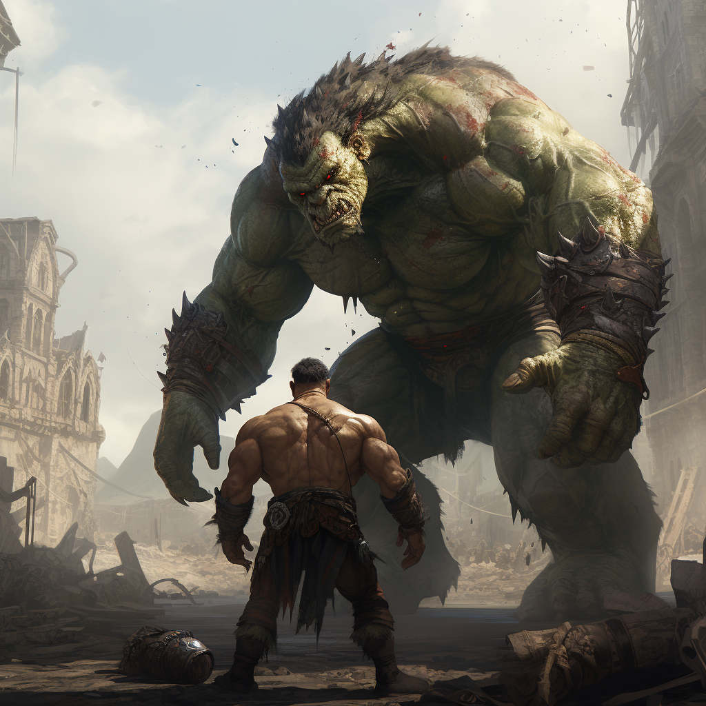 Mighty castlepunk orc fighting monstrous creature