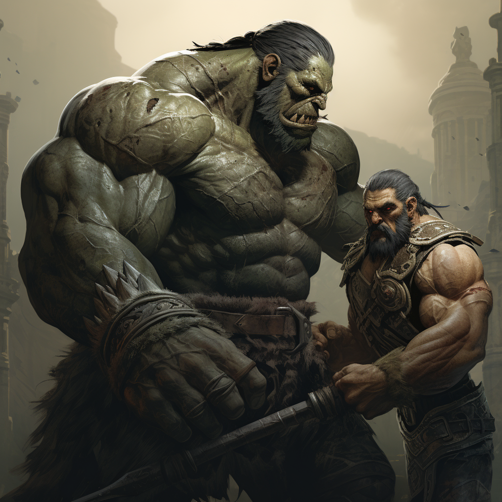 Muscular Castlepunk Orc fighting a demon in epic battle