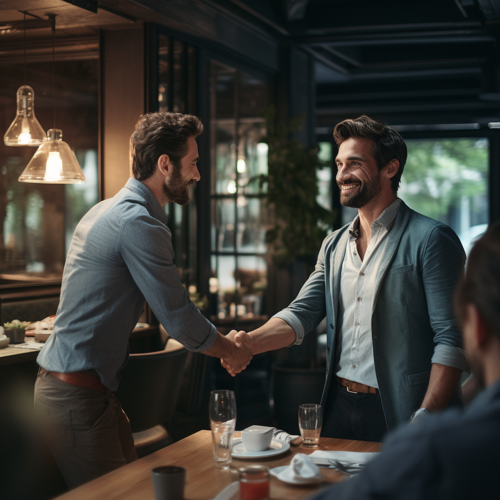 Two individuals in casual clothes shaking hands