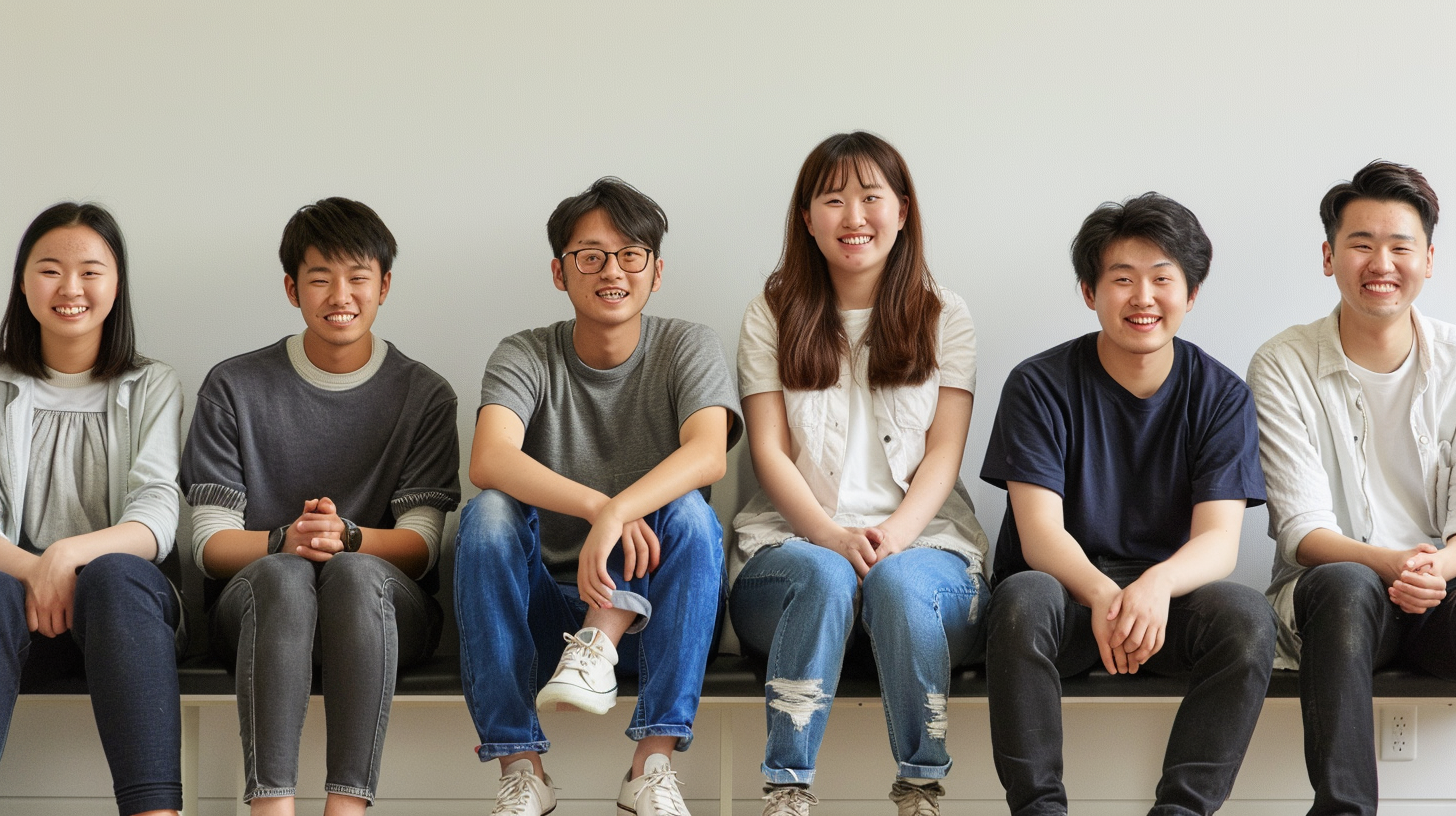 Six friends sitting together cheerfully