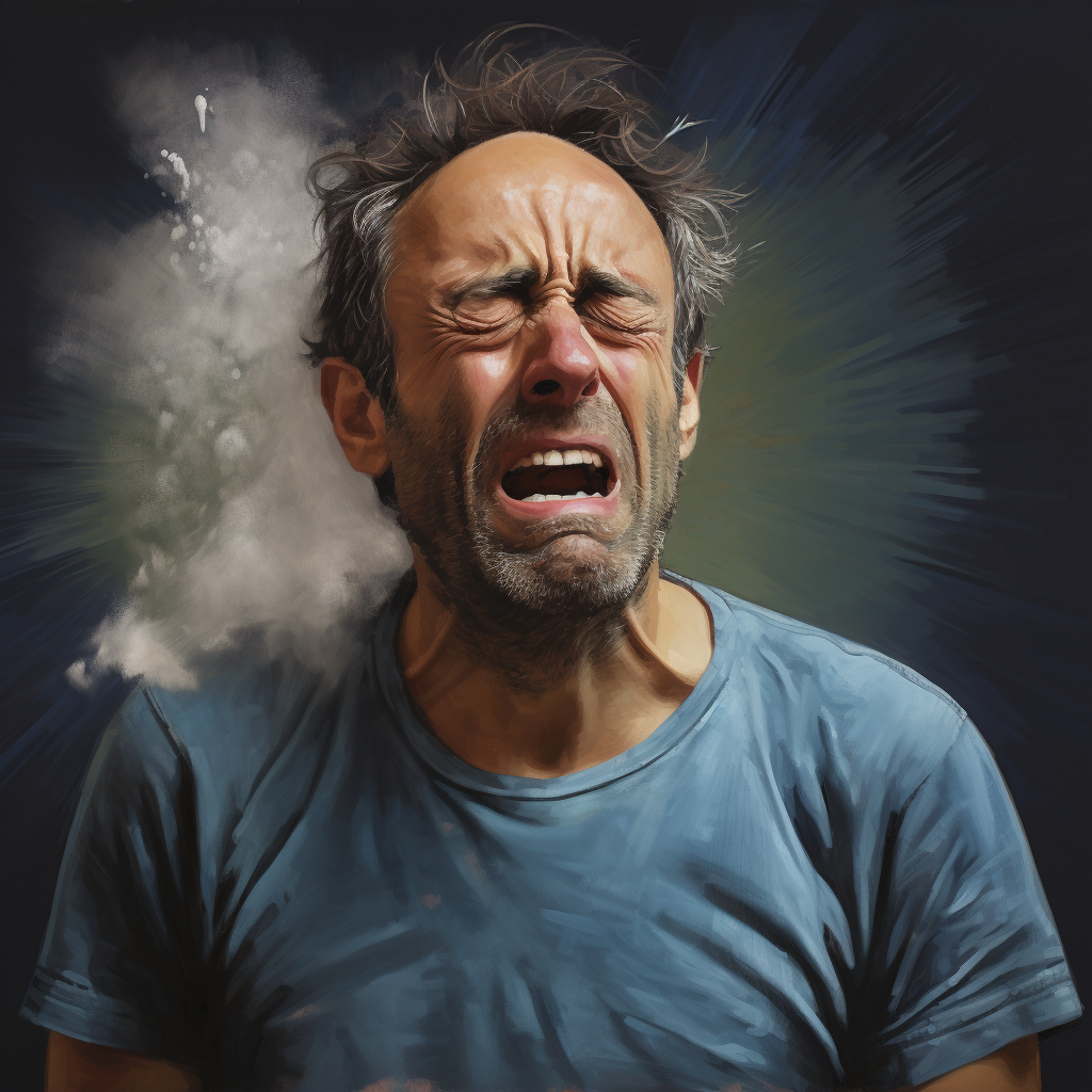 Casual man in his fifties sneezing dramatically