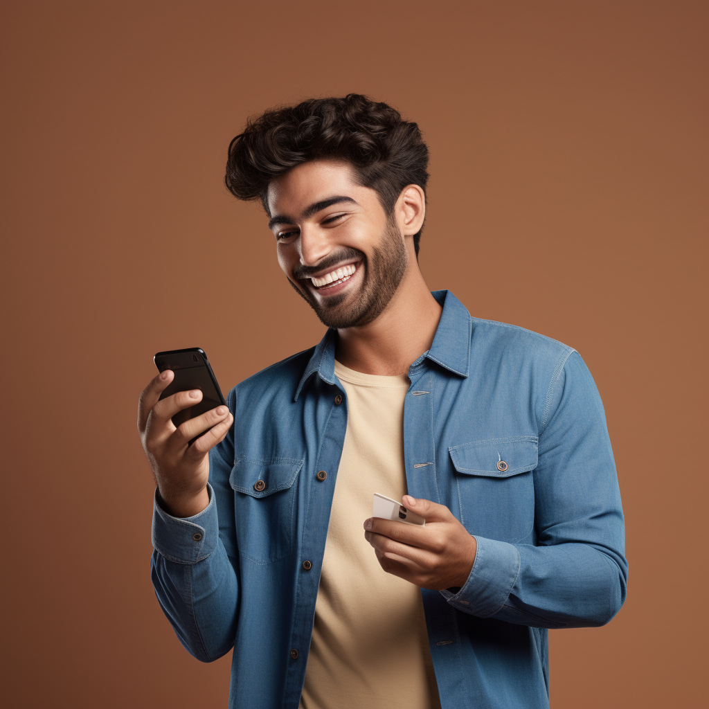 Happy man with credit card and cellphone