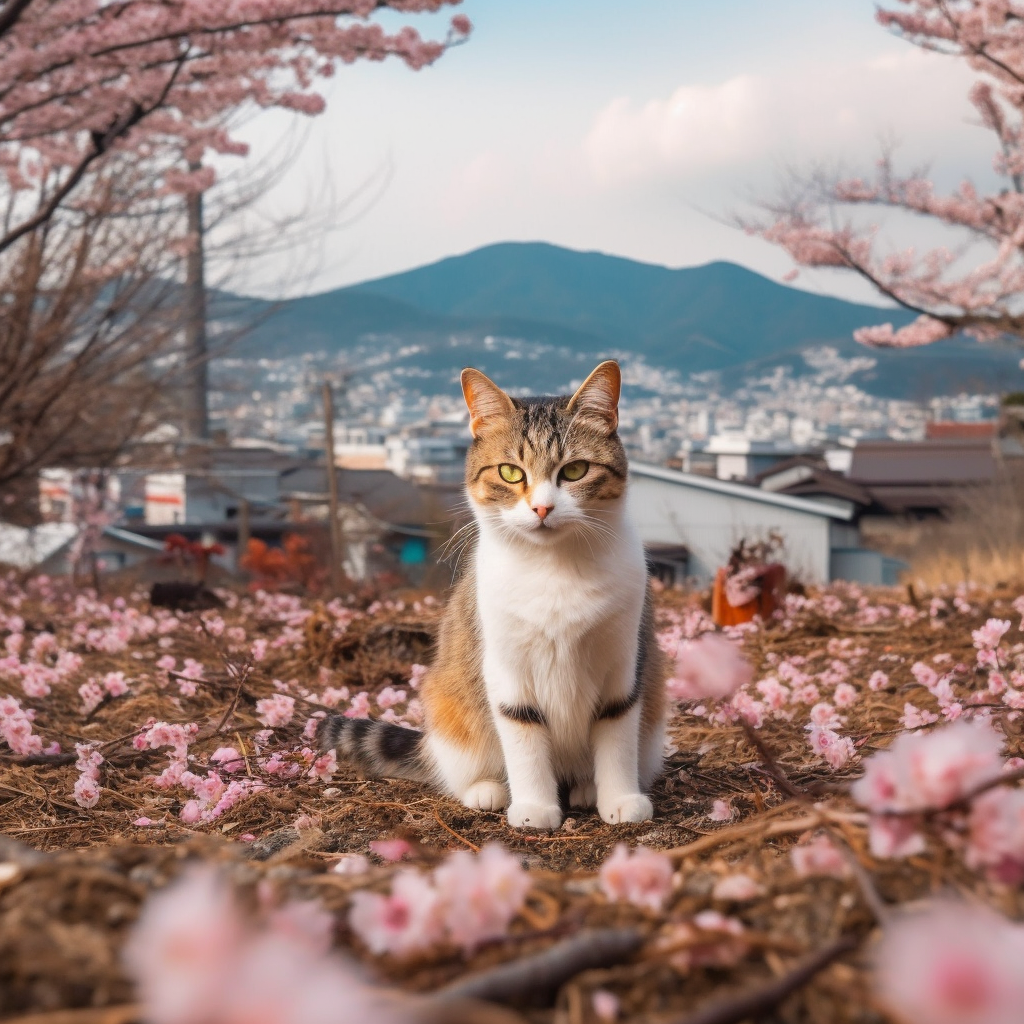 Cat Apocalypse in Sakura Blossoming Japanese Town