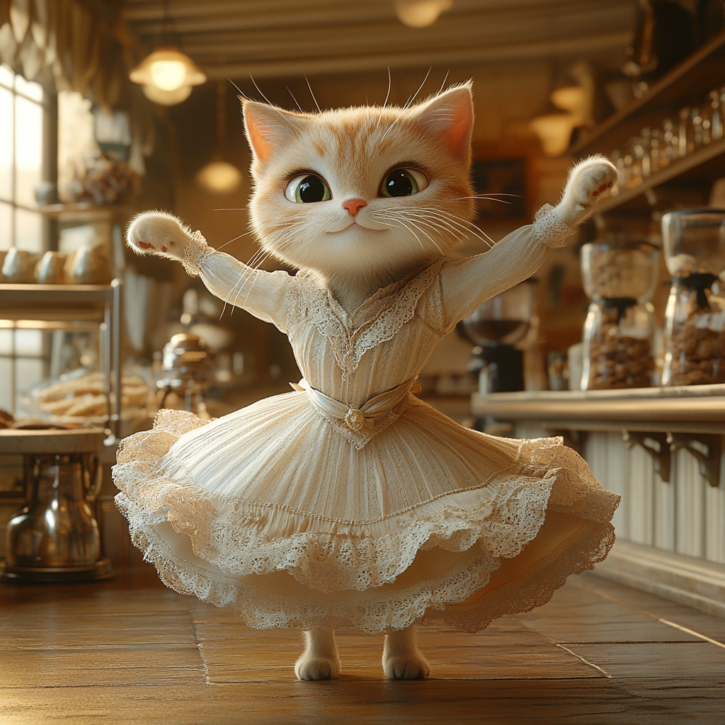 Cat ballet dancer in coffee shop