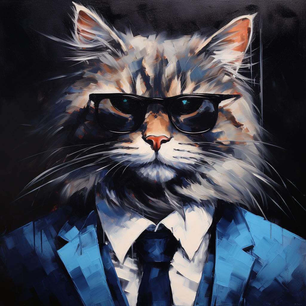 Cool cat wearing a black suit with blue glasses