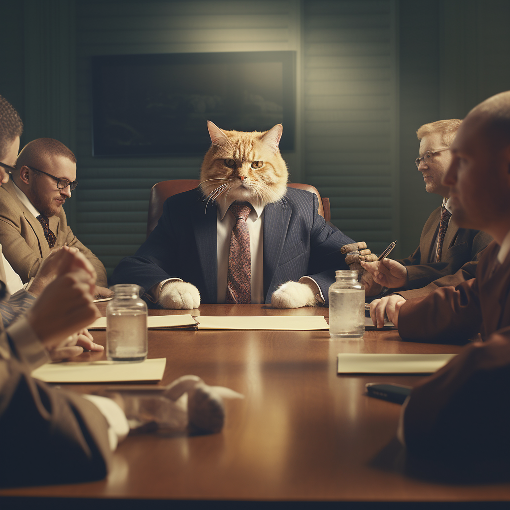 Smart cat posing as human in boardroom