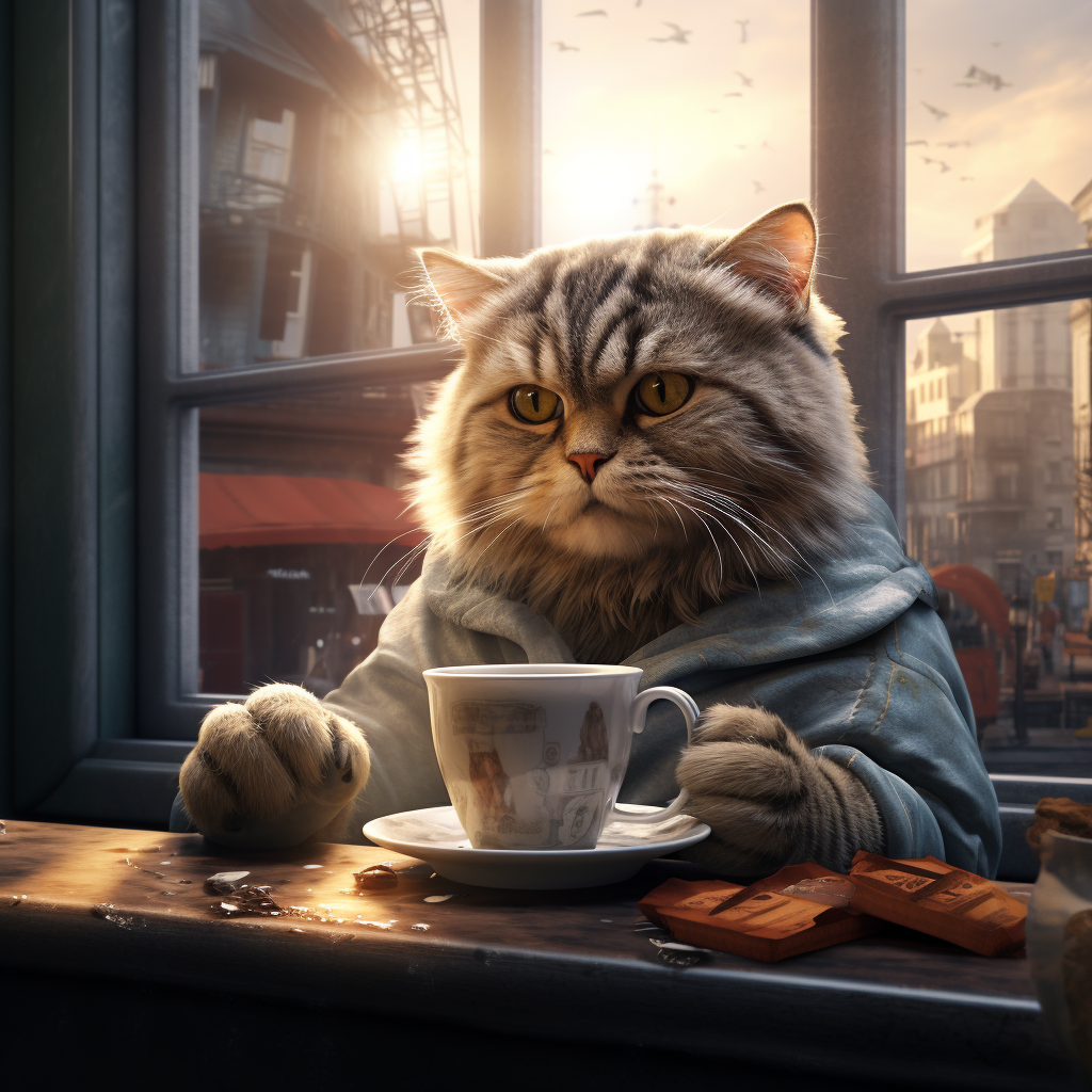 Cat drinking coffee in morning