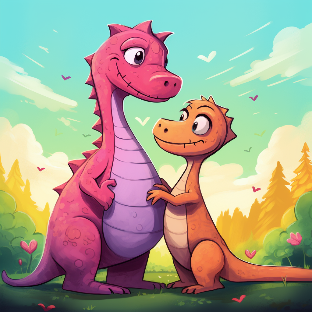 Cat and dinosaur in heartwarming hug