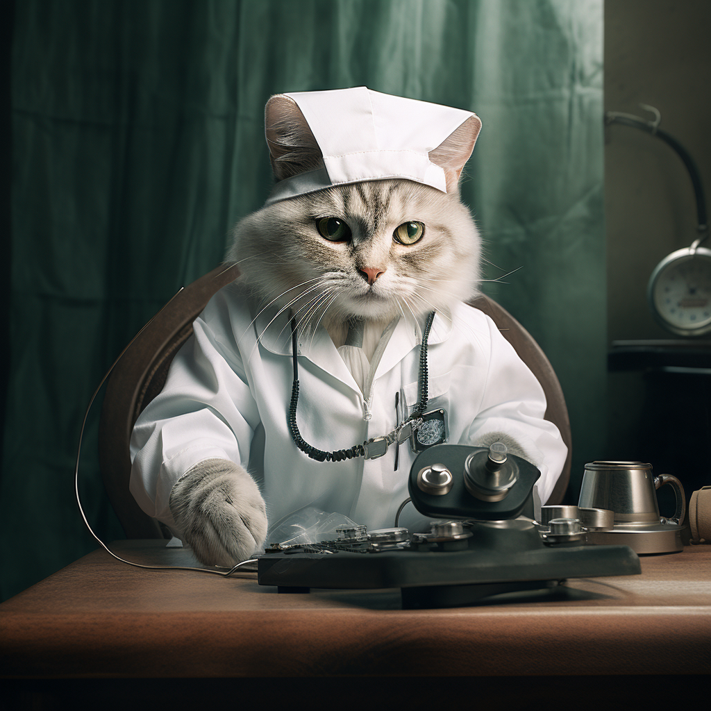 Cat in human clothes working as doctor