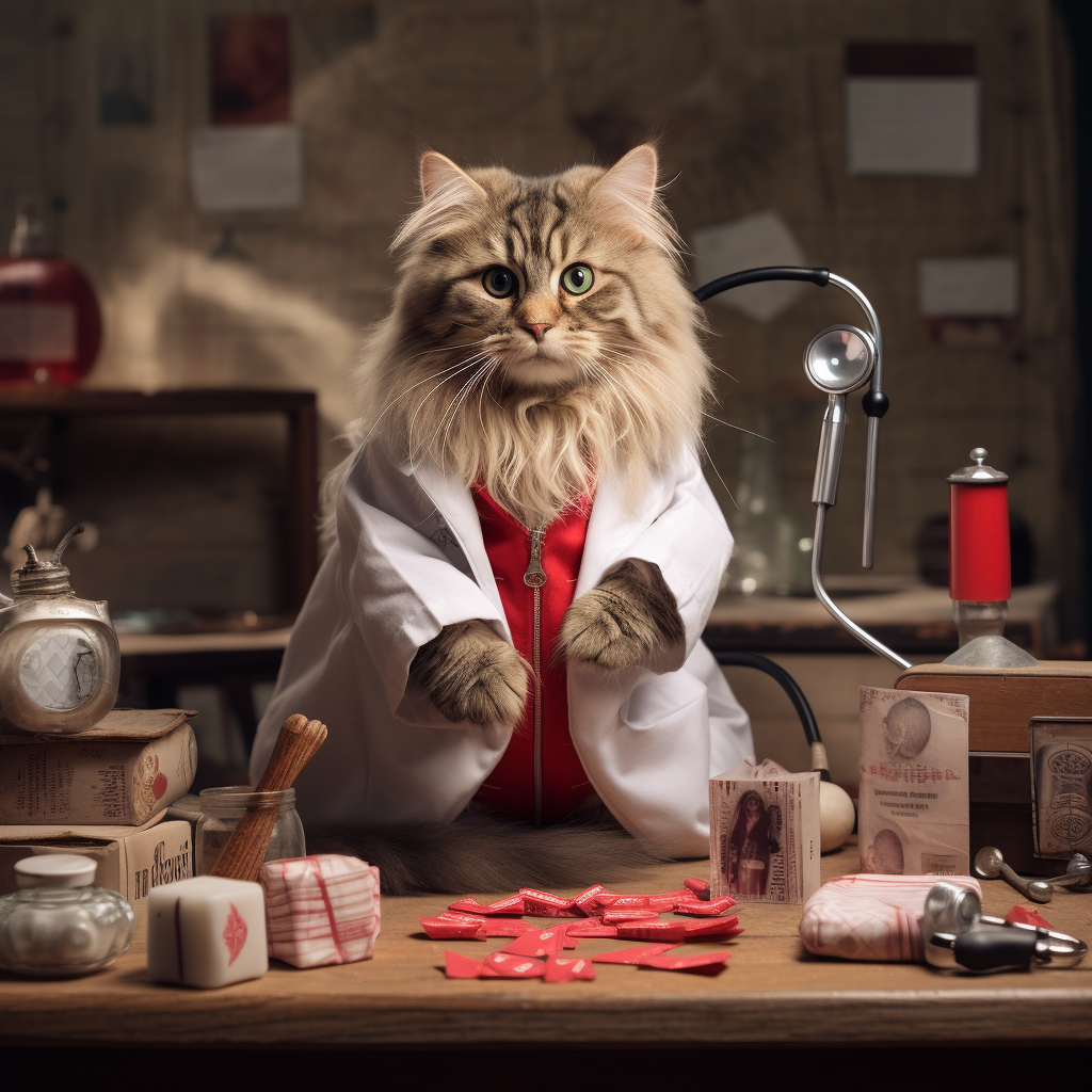 Playful cat in doctor costume