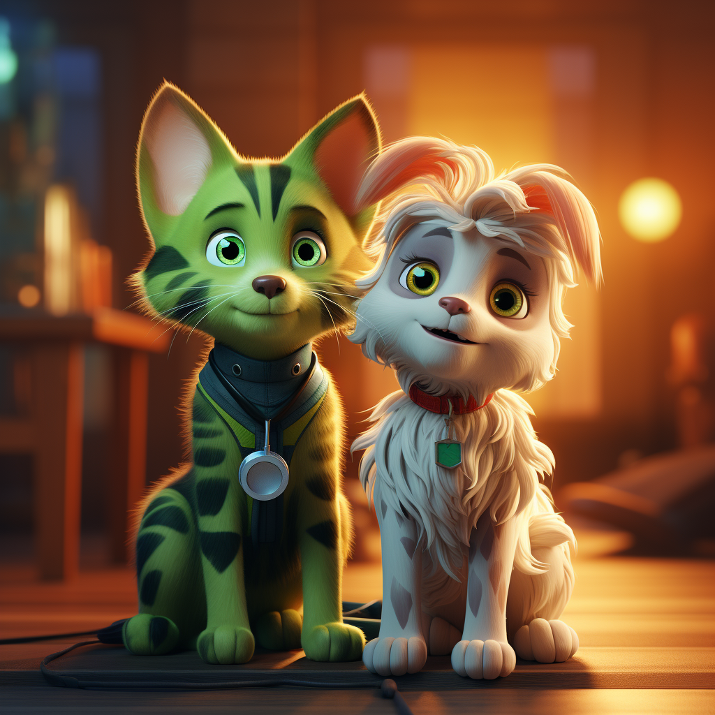 Pixar style cat and dog doctor