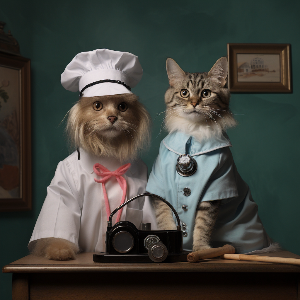 Cute cat and dog in nurse and doctor uniforms