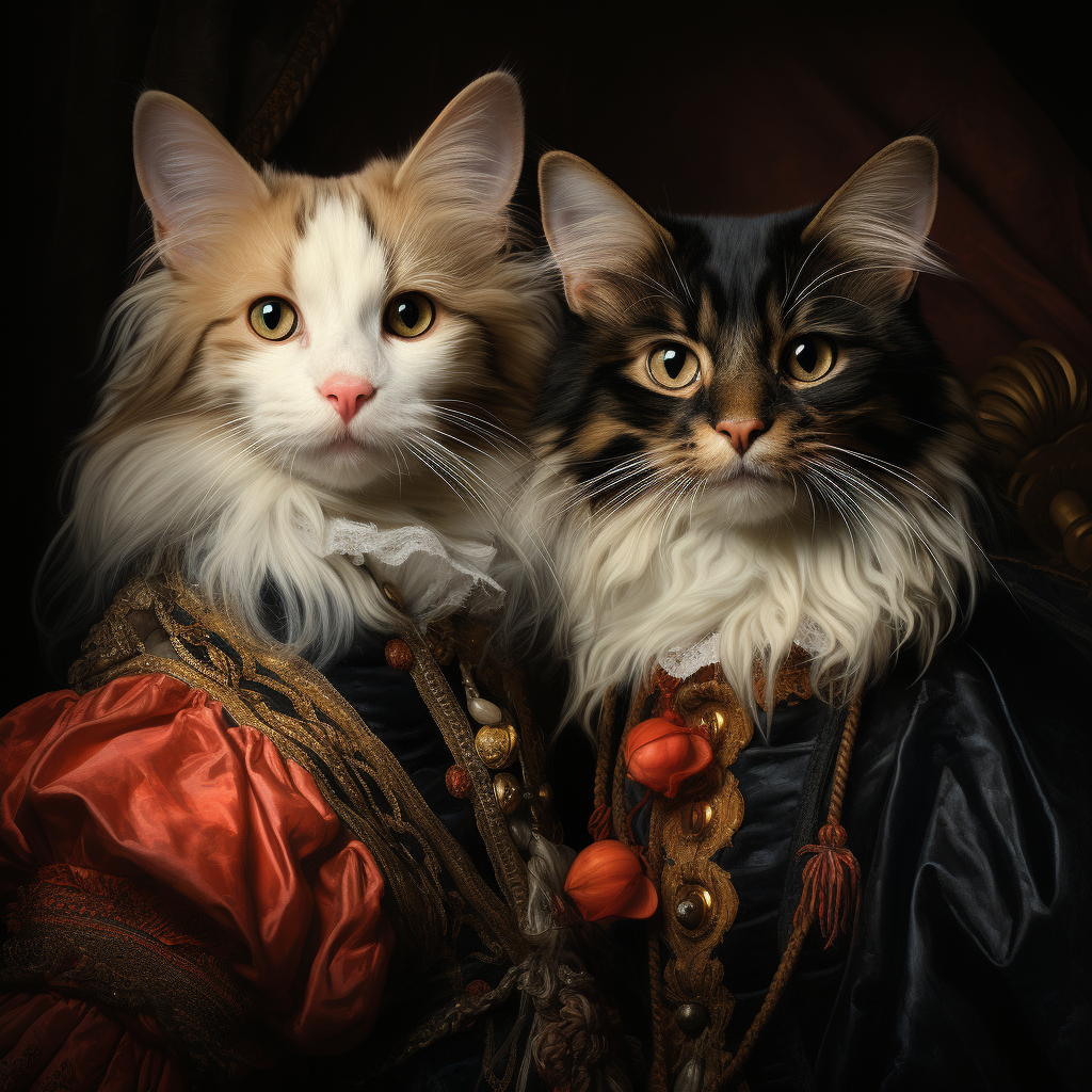 Cat and dog in a Renaissance-style portrait