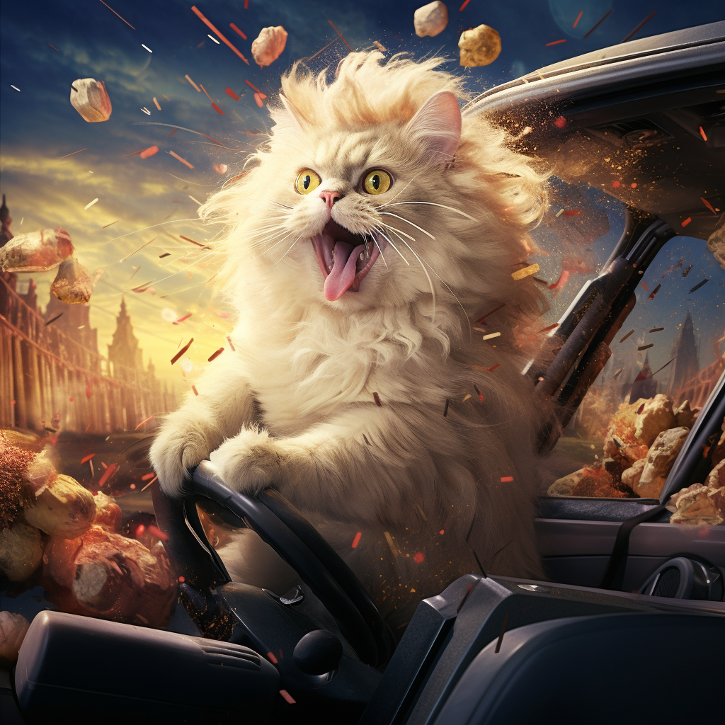 Cunning cat behind the wheel of explosive getaway car