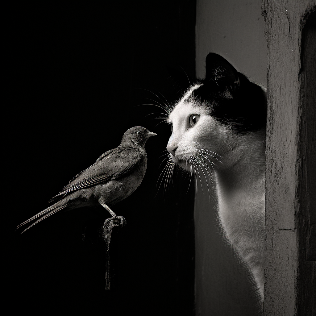 Cat eating bird in black and white