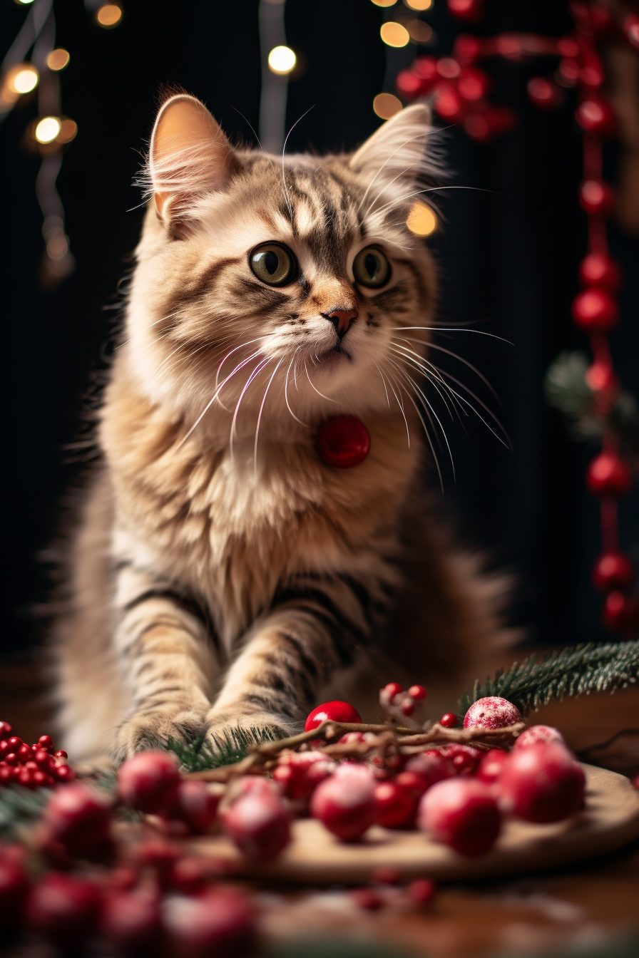 Realistic image of a cat eating cranberries