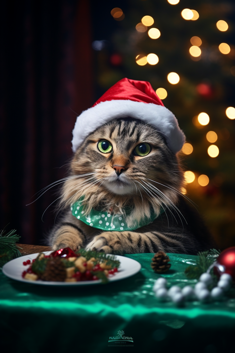 Cat enjoying a Christmas feast