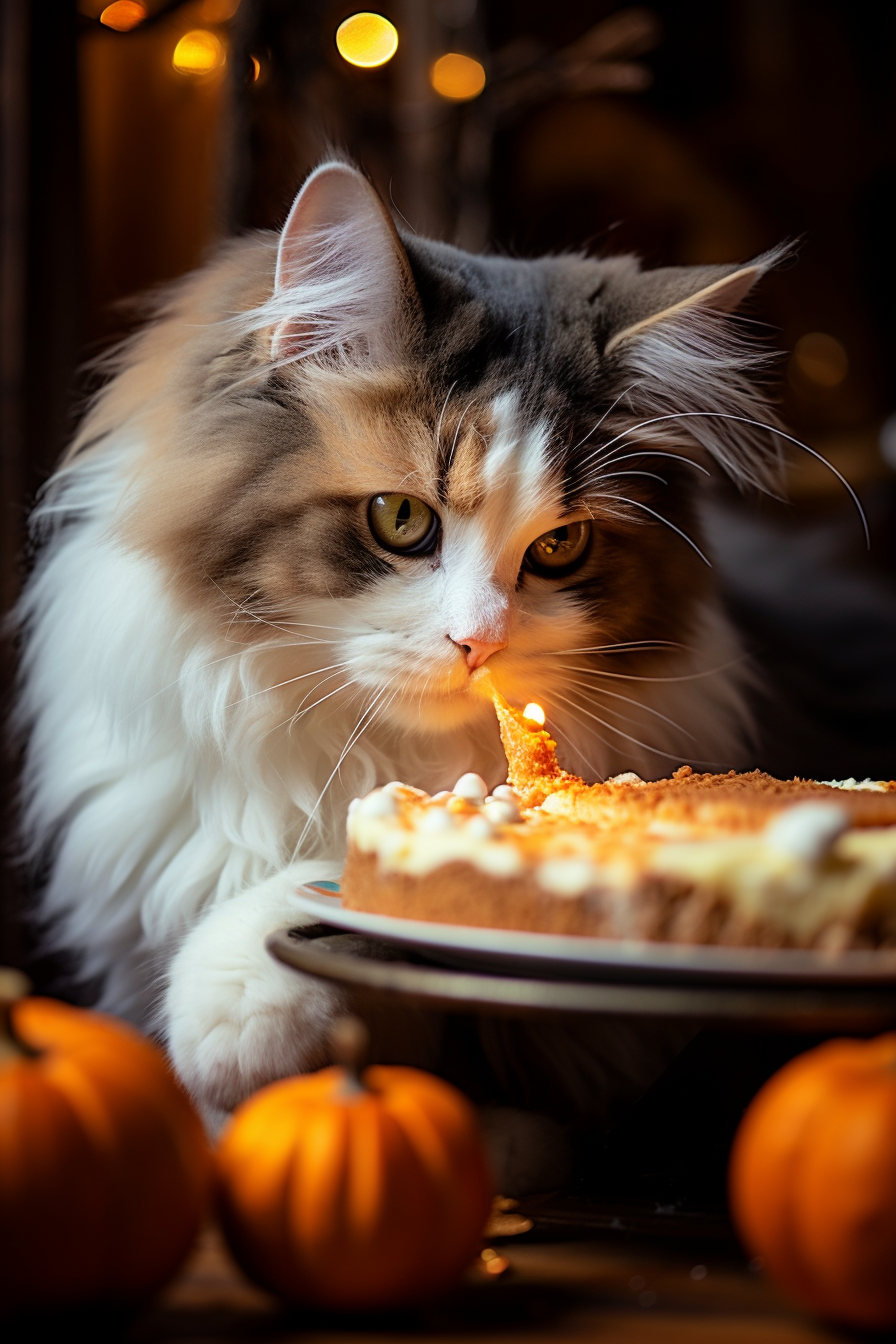 Cat enjoying Christmas pumpkin pie