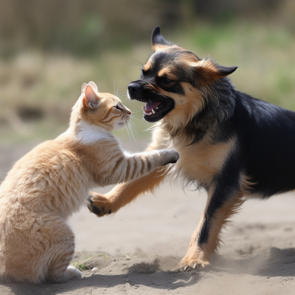 Cat and dog in heated fight