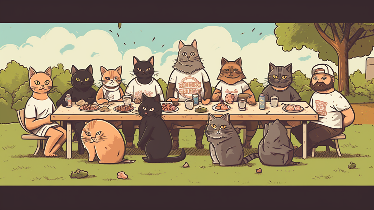 Cat friends at picnic table enjoying food