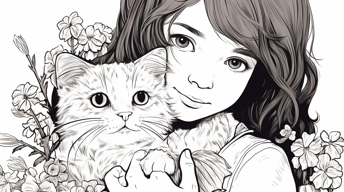 Illustration of girl holding cat in colorbook