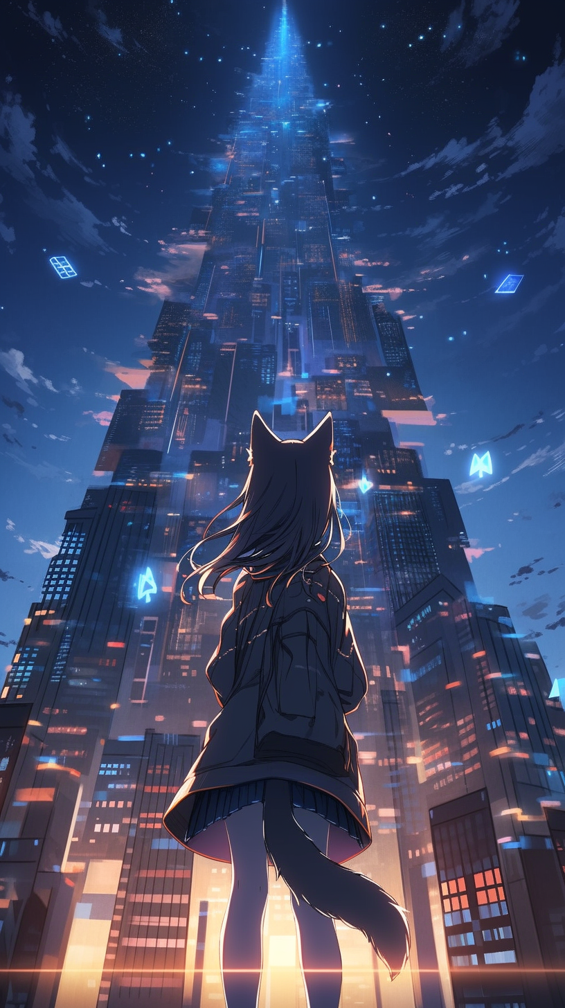 Cat girl wearing headphones on platform with high-rise buildings and meteors