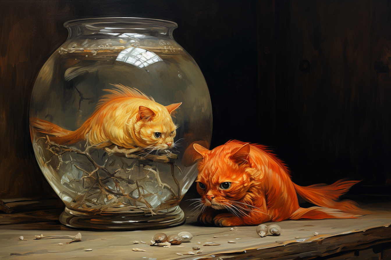 Cat watching goldfish in bowl painting