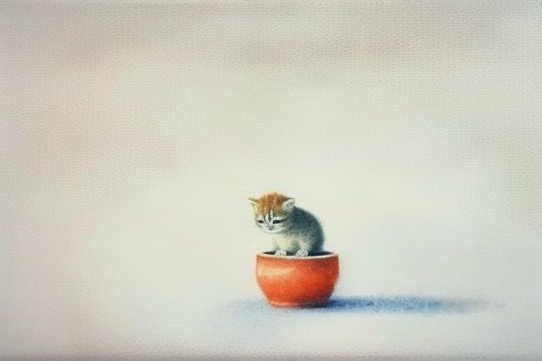 Minimalist watercolor painting of cat and goldfish bowl