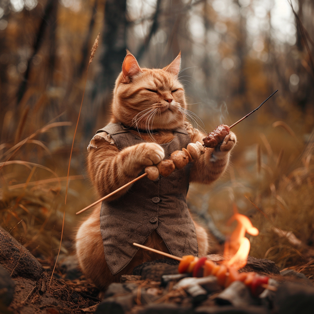 Cat Grilling Kebab in Nature