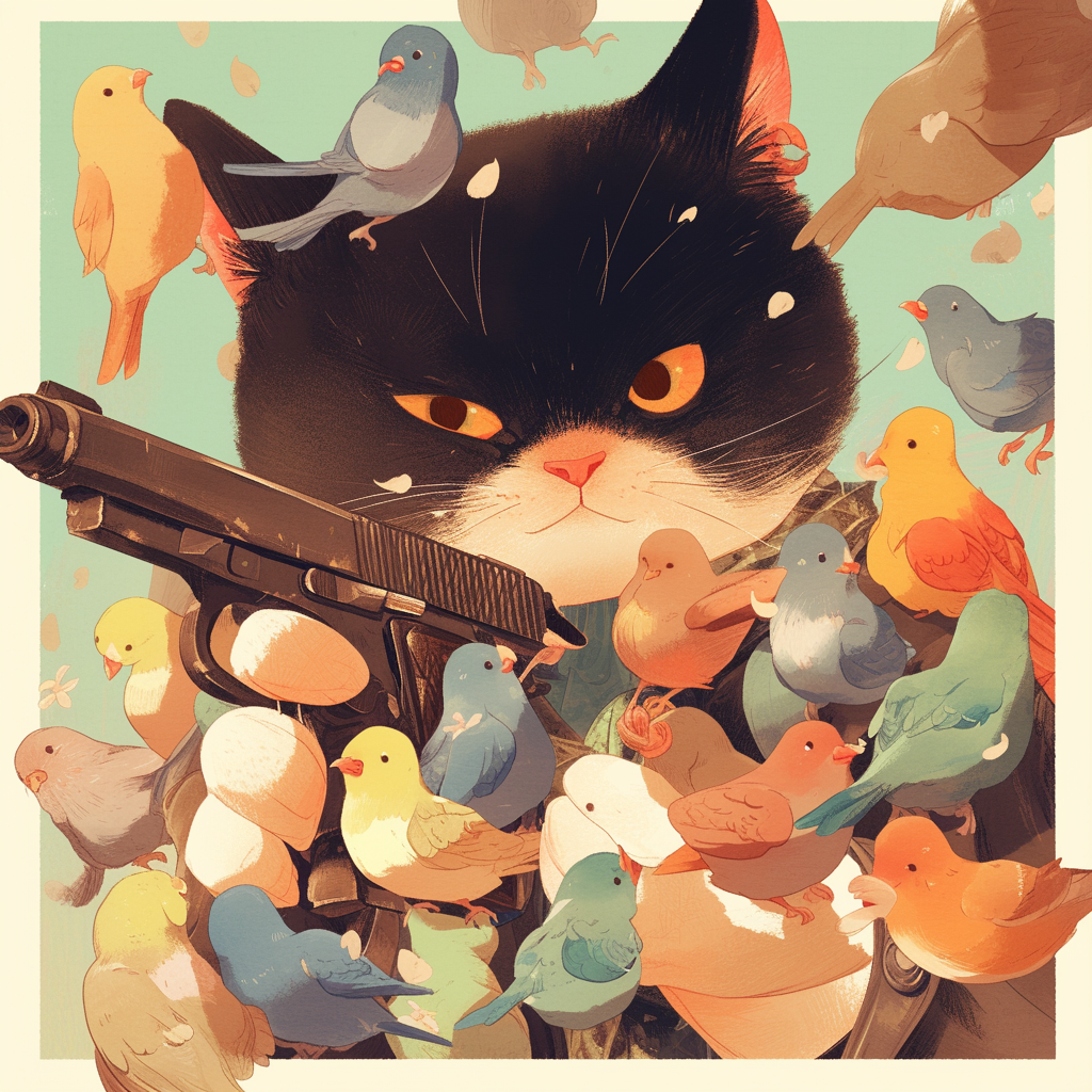 Cat Holding Gun Birds