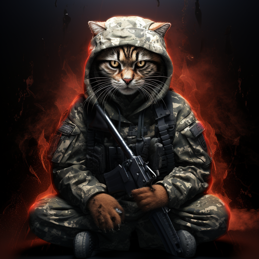 Cat holding knife in urban war camouflage