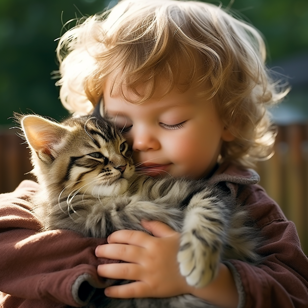 Cat hugging adorable little baby