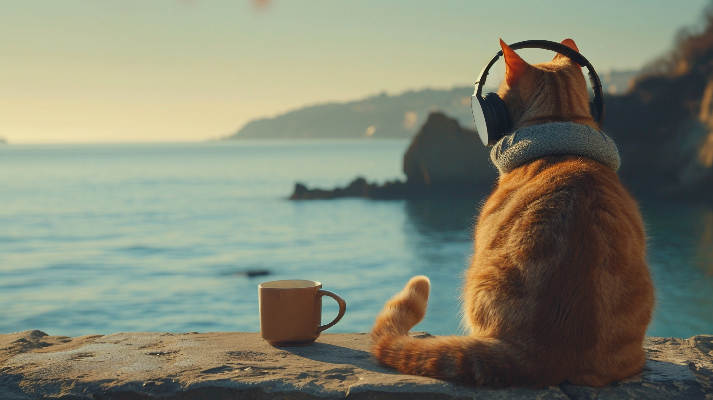 Cat wearing casual clothes and headphones by the sea