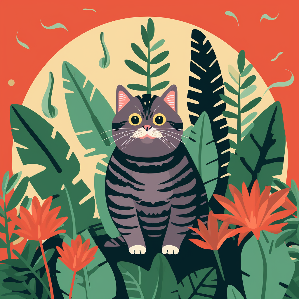 Cat in jungle botanical illustration