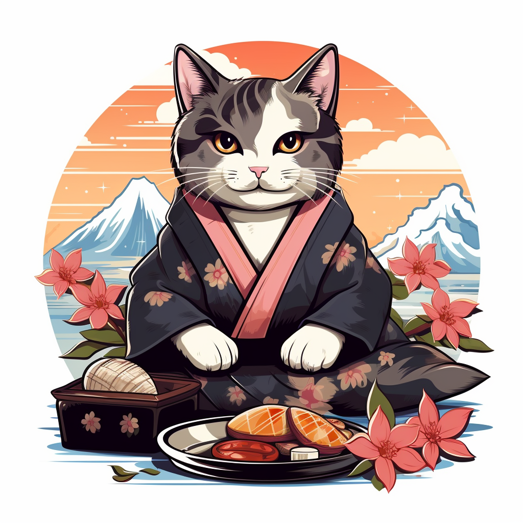 Cat in Kimono with Sushi Cartoon