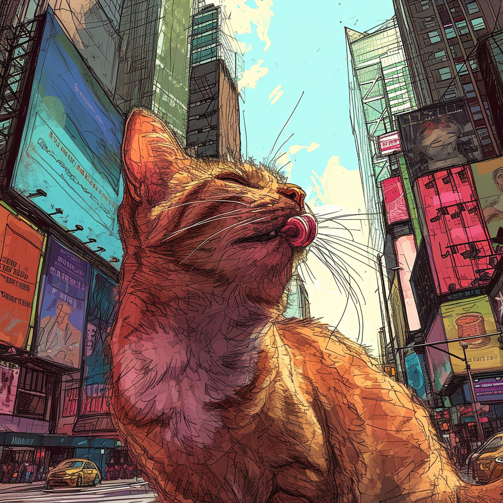 Cat grooming itself in Times Square