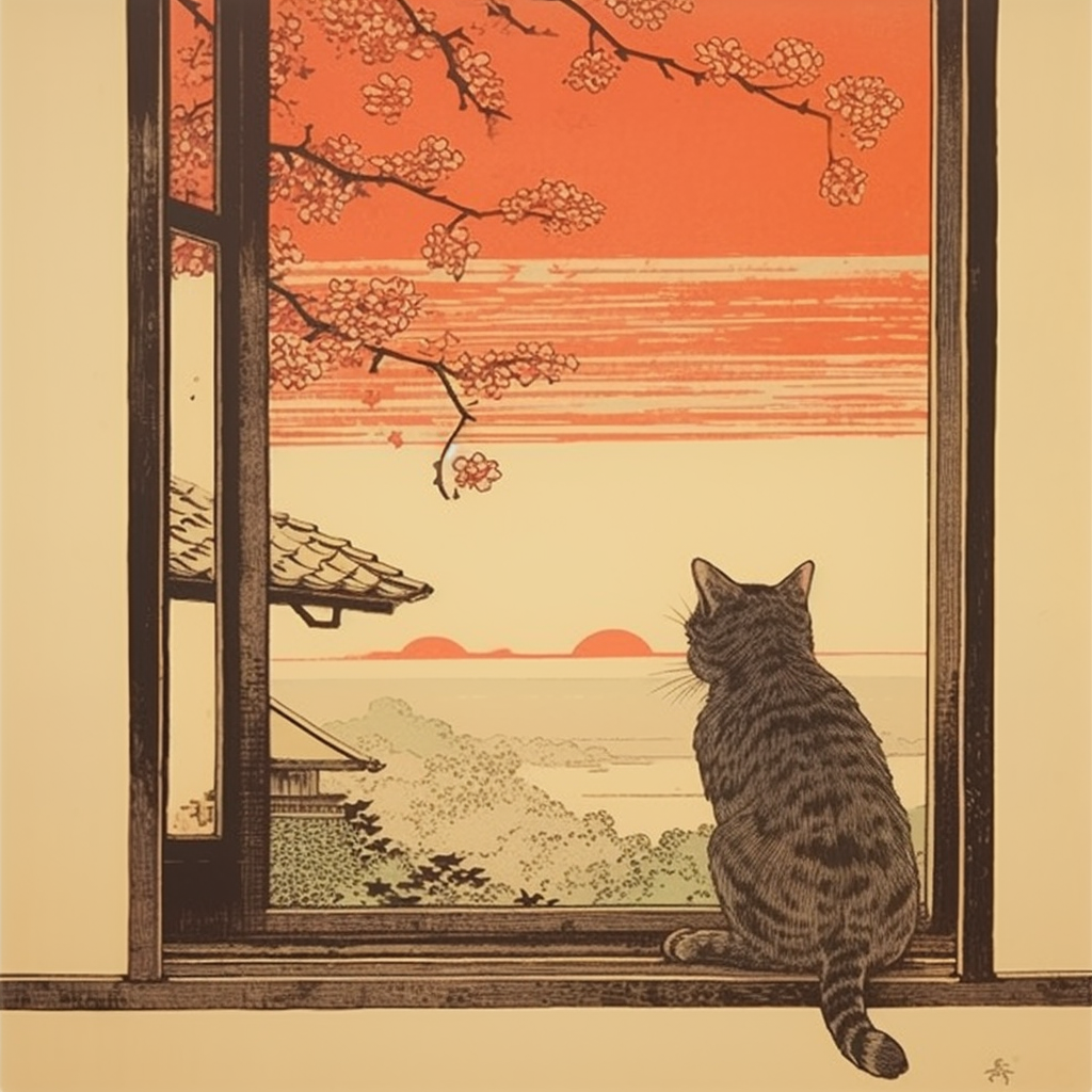 Cat looking out a window in Japanese woodblock print