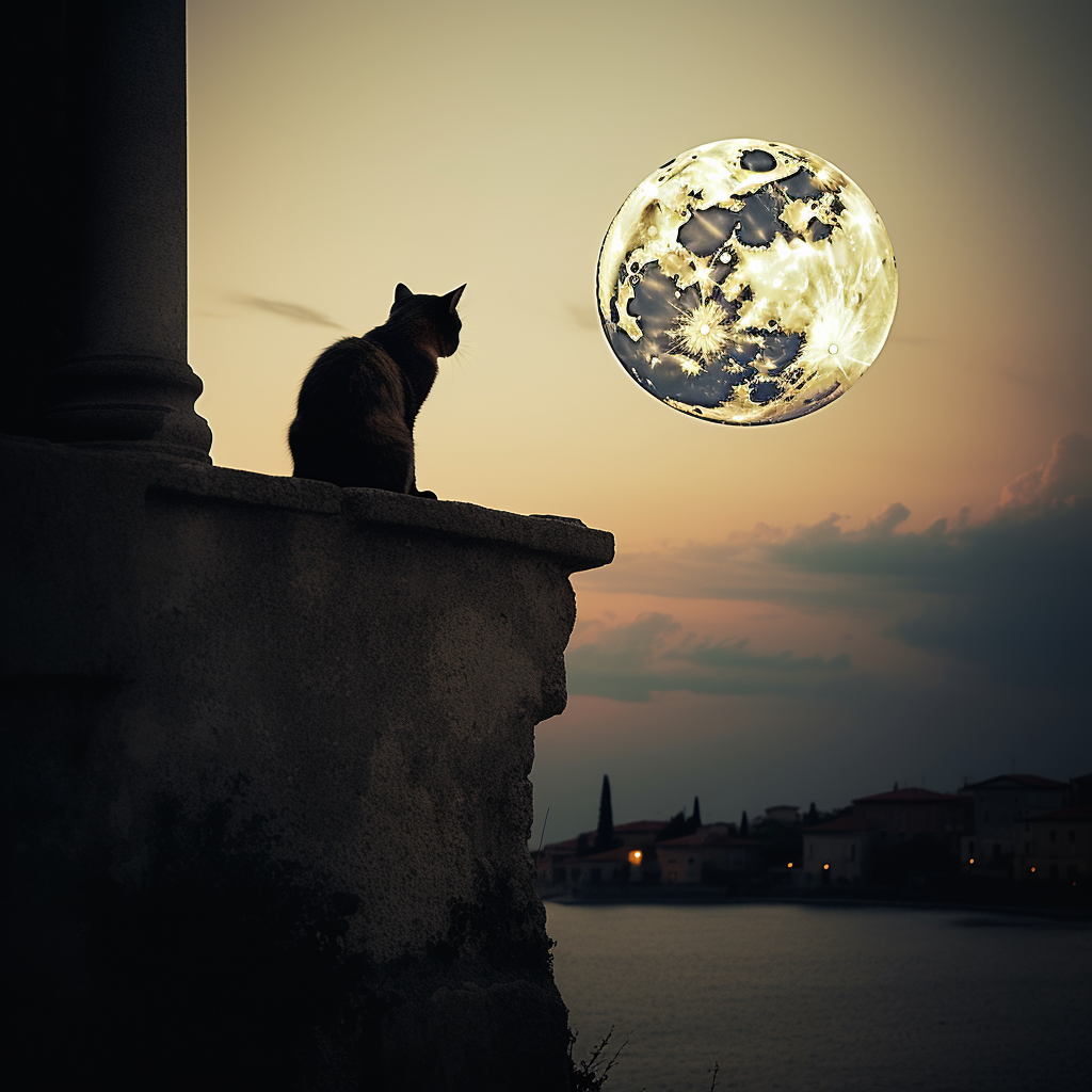 Beautiful cat sitting under the moon in Italy