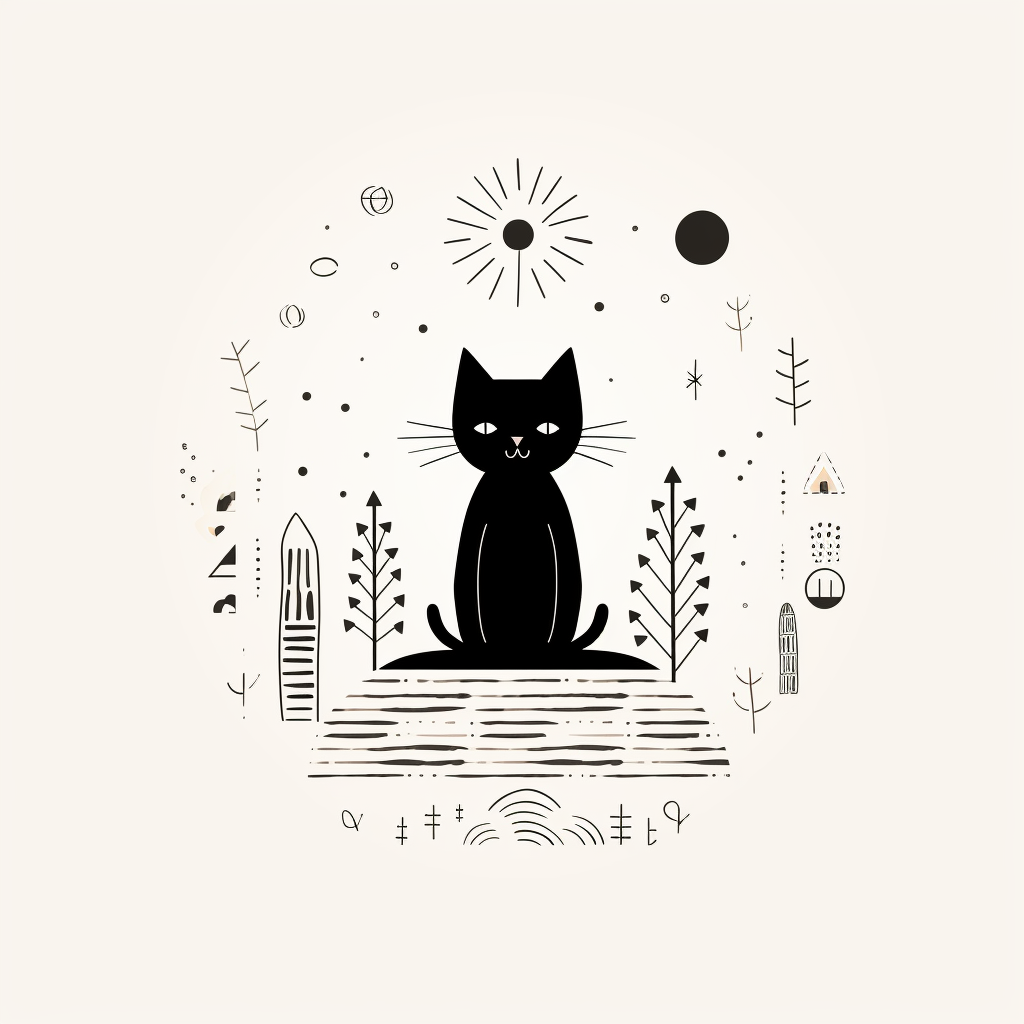 Minimalist Boho Doodle of a Cat and Mouse