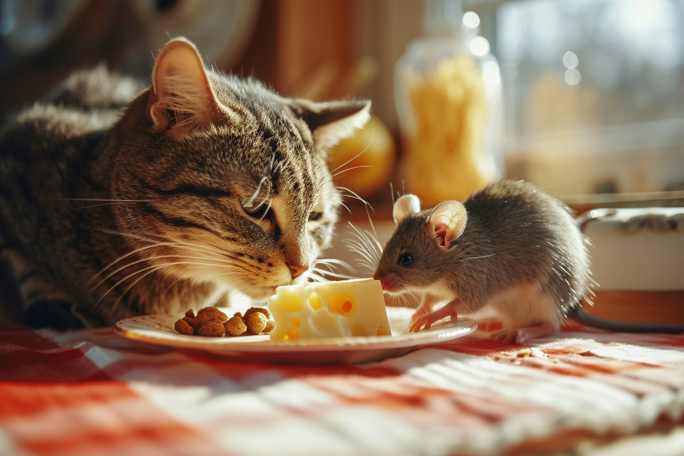 Cat and Mouse Eating Cheese on Kitchen Table