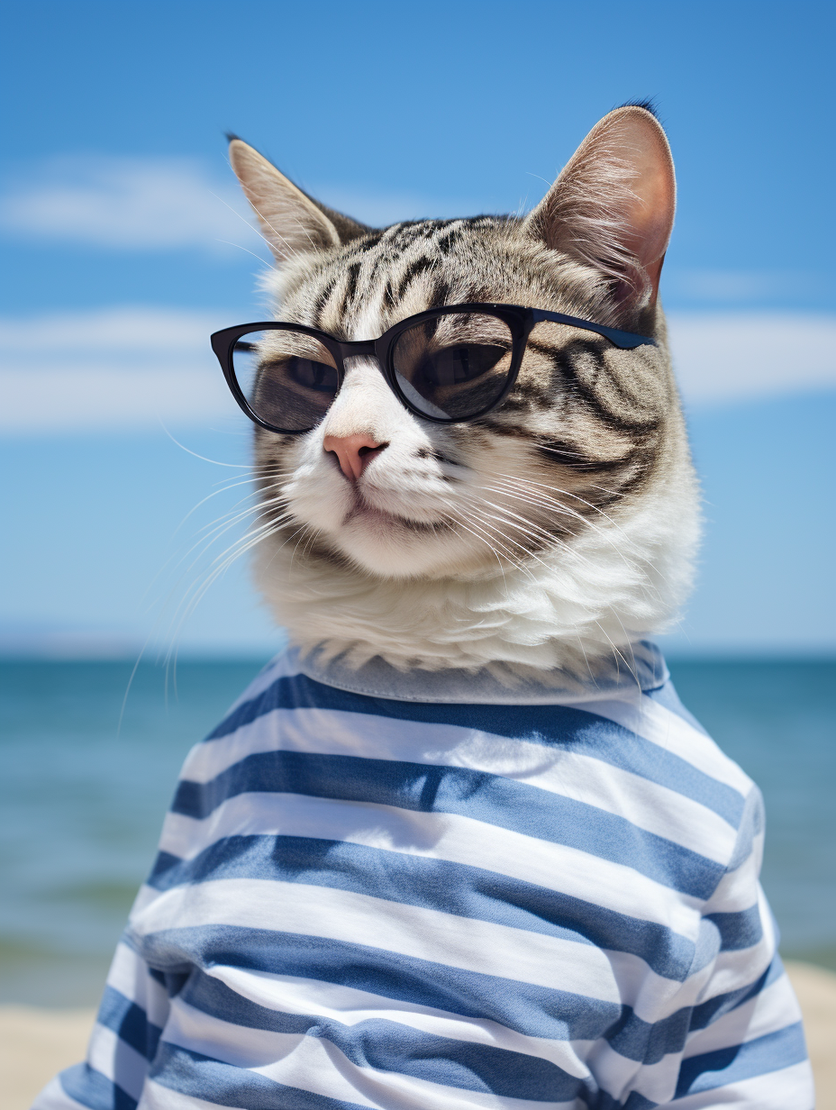 Cute cat in nautical striped T-shirt