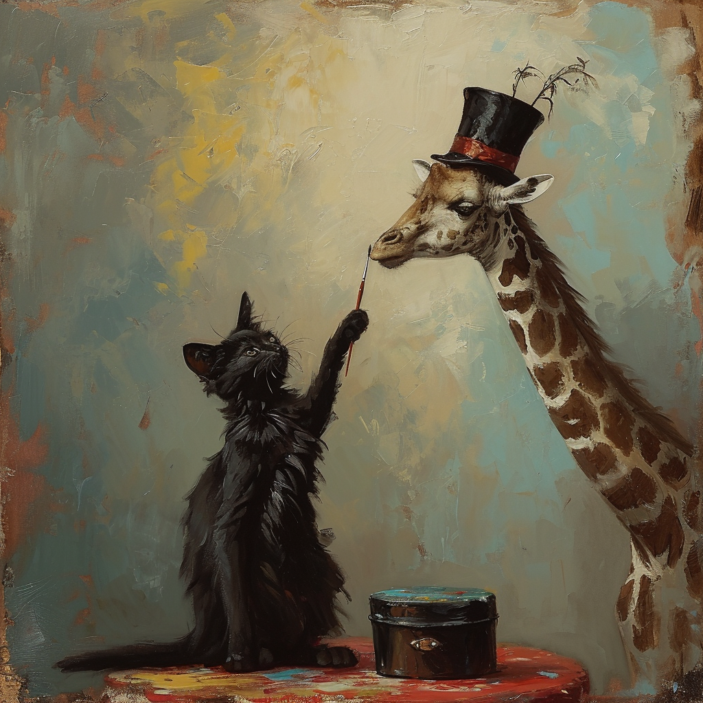 Artistic cat painting a giraffe