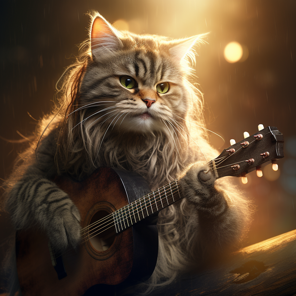 Cat playing a guitar with enthusiasm