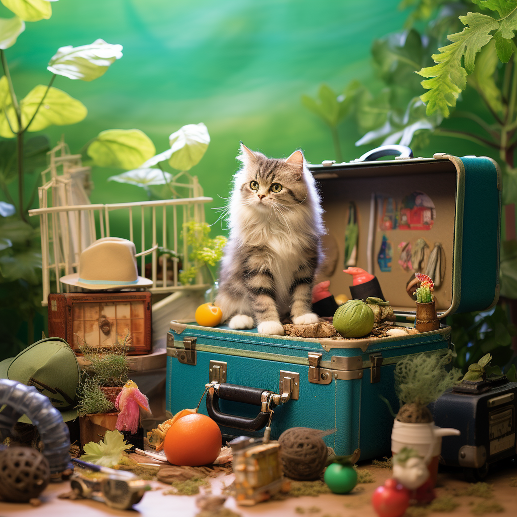 Cat playing with toys and luggage