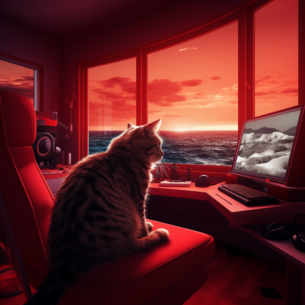 Cat playing video game in red room with sea view