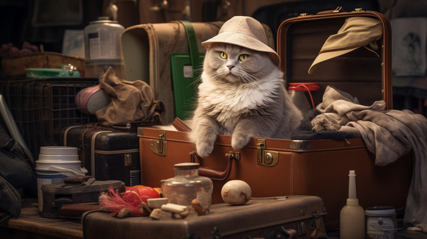 Cat playing with toys and luggage