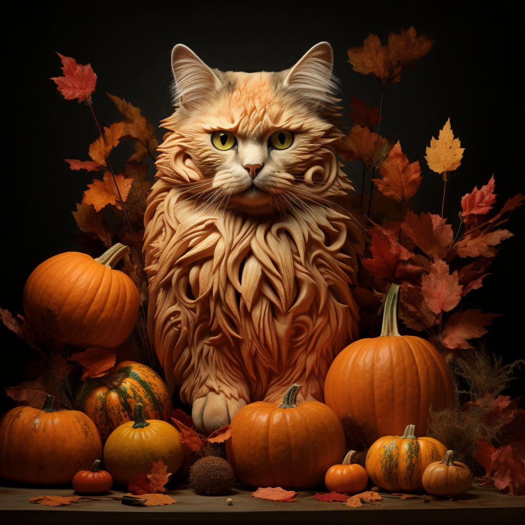 Cat blended into pumpkin surrounded by fall gourds and leaves