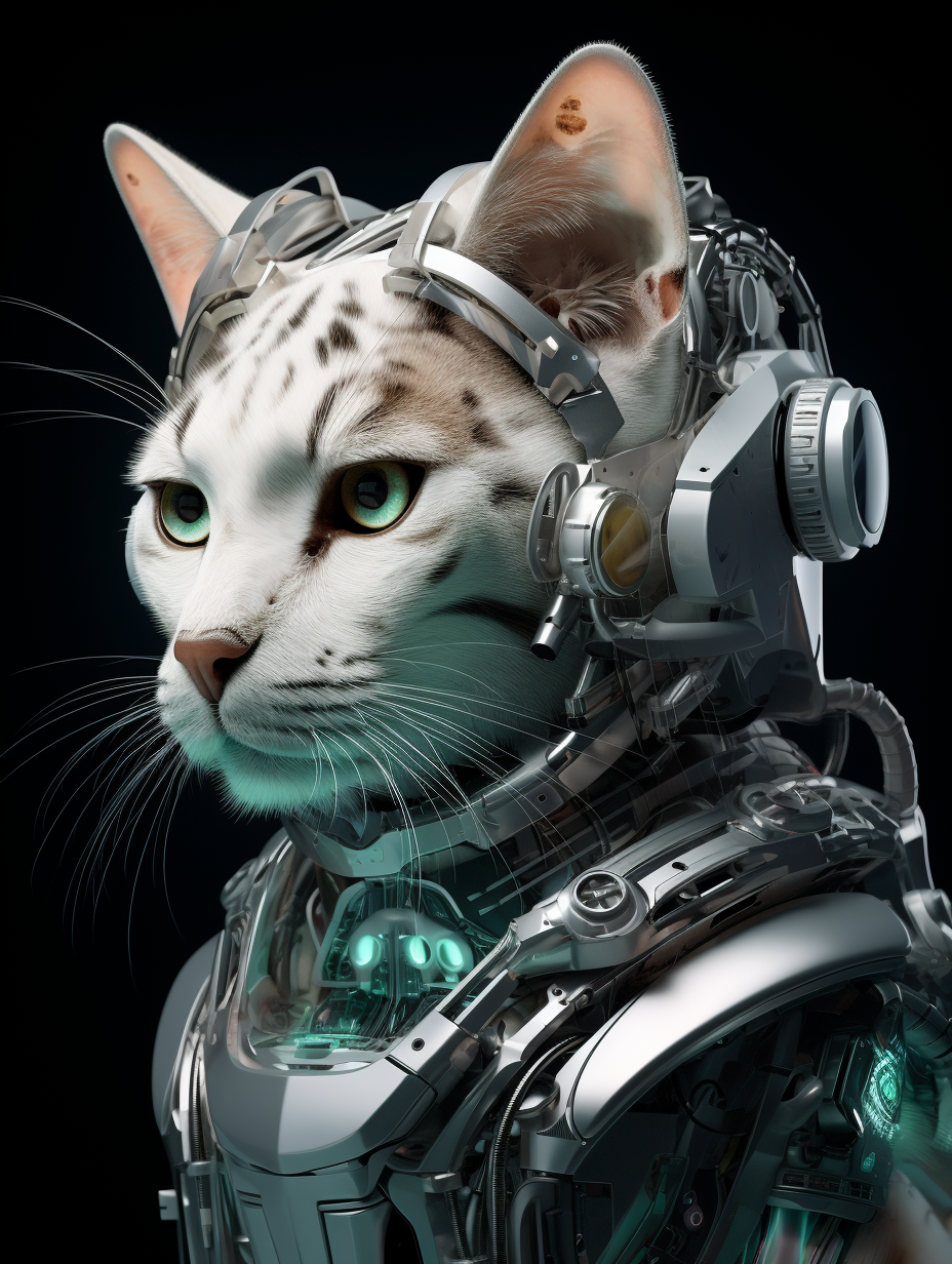 Detailed portrait of a cat robot with transparent skin